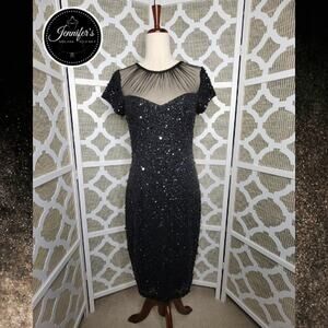 Adrianna Papell Black Sequin Embellished Mesh Neckline Sheath Dress Size 8